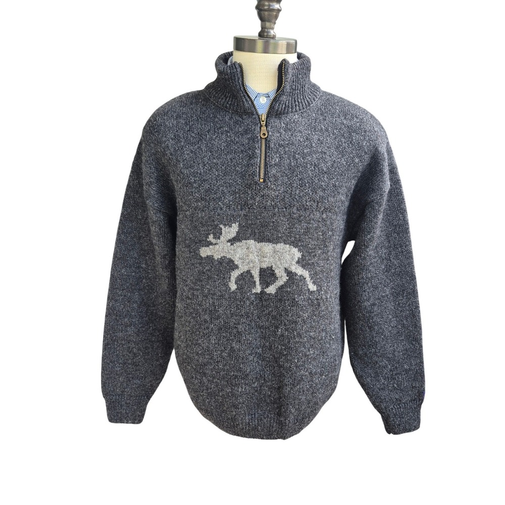 Norwool Mens Gray Pure Wool Quarter Zip‎ Moose Intarsia Knit Sweater Mens Large